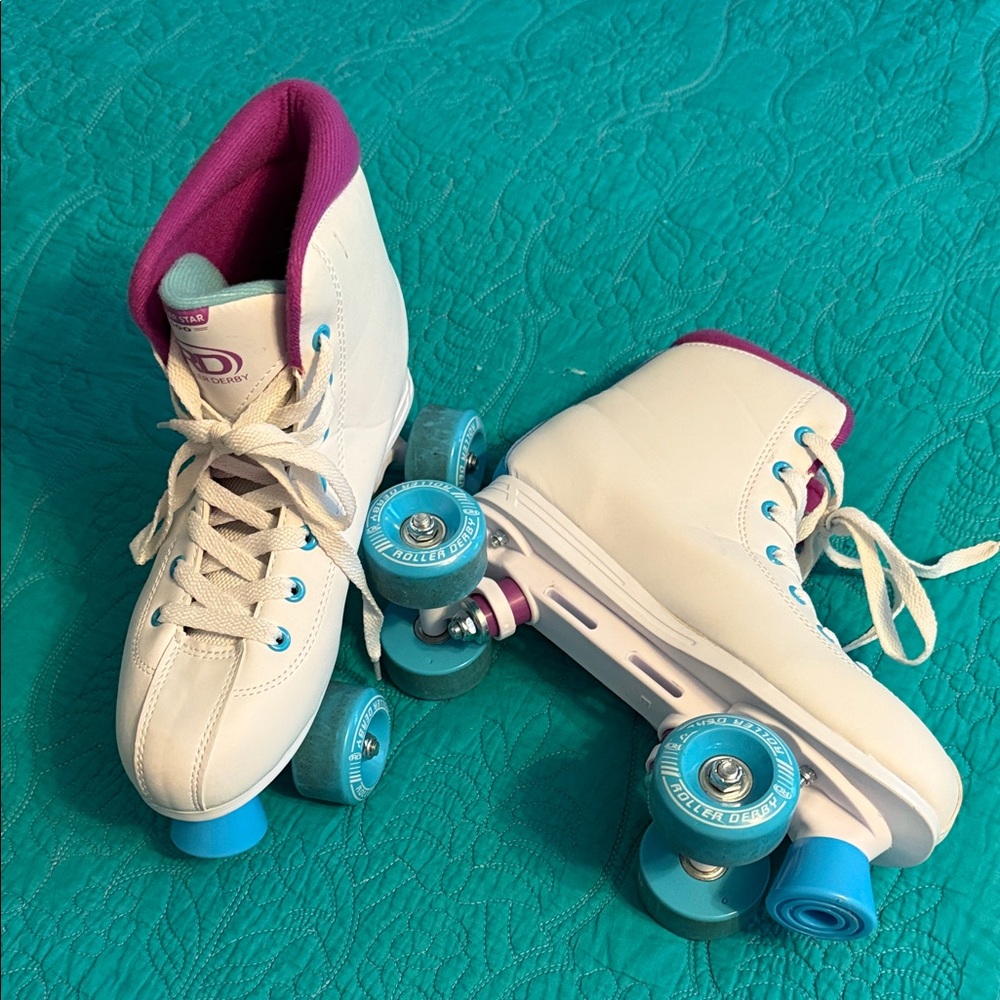 White Roller Derby Skates with Blue Wheels